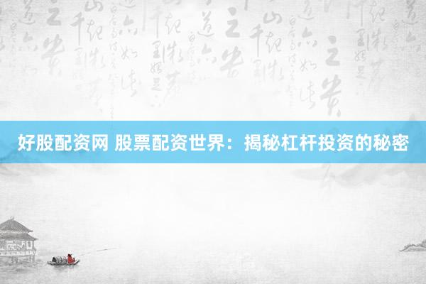 好股配资网 股票配资世界：揭秘杠杆投资的秘密